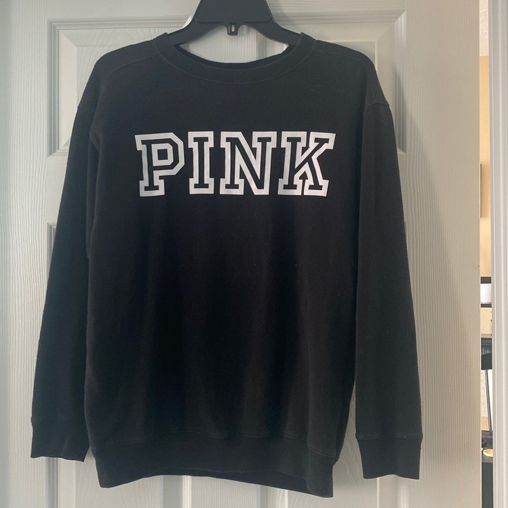 PINK Solid Black Oversized Crewneck Womens XS
